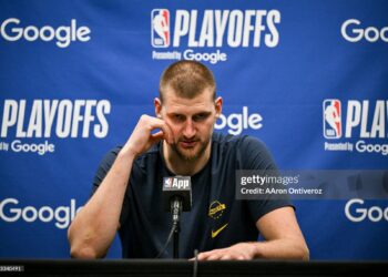 Nikola Jokic (15) of the Denver Nuggets speaks to members of the media after the Minnesota Timberwolves' 110-98 Game 6 NBA Playoffs series win at the Target Center in Minneapolis, Minnesota on Thursday, April 30, 2026. Minnesota eliminated the Nuggets 4-2. (Photo by AAron Ontiveroz/The Denver Post)