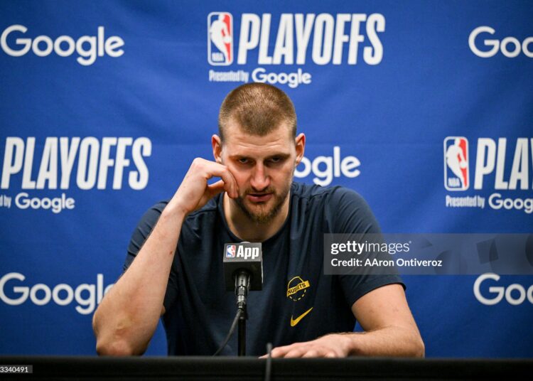 Nikola Jokic (15) of the Denver Nuggets speaks to members of the media after the Minnesota Timberwolves' 110-98 Game 6 NBA Playoffs series win at the Target Center in Minneapolis, Minnesota on Thursday, April 30, 2026. Minnesota eliminated the Nuggets 4-2. (Photo by AAron Ontiveroz/The Denver Post)