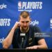 Nikola Jokic (15) of the Denver Nuggets speaks to members of the media after the Minnesota Timberwolves' 110-98 Game 6 NBA Playoffs series win at the Target Center in Minneapolis, Minnesota on Thursday, April 30, 2026. Minnesota eliminated the Nuggets 4-2. (Photo by AAron Ontiveroz/The Denver Post)