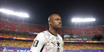 Jordan Ayew #9 of Ghana looks on after the 0-1 loss during the FIFA World Cup 2026 Round of 32 match between Colombia and Ghana (Photo by Michael Regan - FIFA/FIFA via Getty Images)