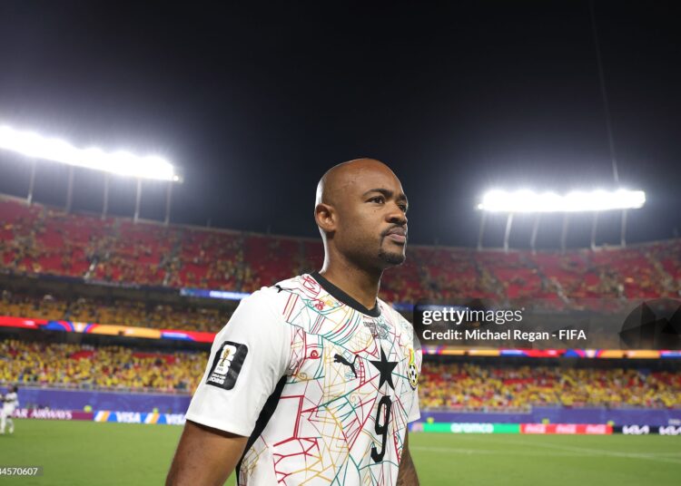 Jordan Ayew #9 of Ghana looks on after the 0-1 loss during the FIFA World Cup 2026 Round of 32 match between Colombia and Ghana (Photo by Michael Regan - FIFA/FIFA via Getty Images)
