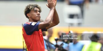 Lamine Yamal #19 of Spain celebrates after defeating the FIFA World Cup 2026 Quarter Final match between Spain and Belgium (Photo by Omar Vega/Getty Images)