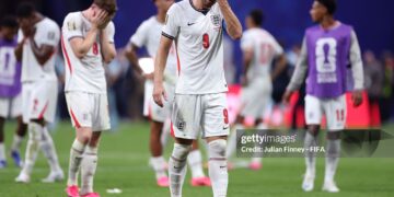 Harry Kane #9 of England looks dejected after the FIFA World Cup 2026 Semi Final match between England and Argentina (Photo by Julian Finney - FIFA/FIFA via Getty Images)