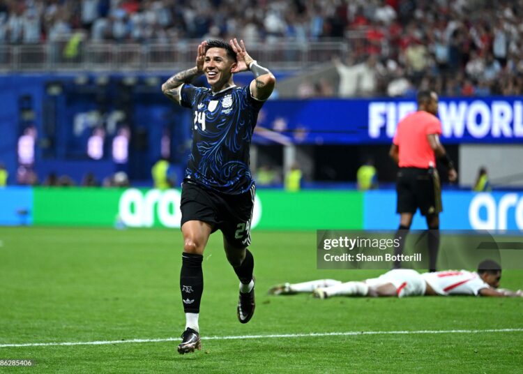 Enzo Fernandez #24 of Argentina celebrates scoring his team's first goal during the FIFA World Cup 2026 Semi Final match between England and Argentina (Photo by Shaun Botterill/Getty Images)