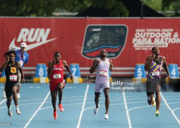 (L-R) Garrett Kaalund, 	Trelee Banks, Noah Lyles and Brandon Hicklin pull ahead of Lyles as he pulls back in the Men's 200m final after sustaining a hamstring cramp during the 2026 USATF Outdoor Track & Field Championships at Icahn Stadium on July 26, 2026 in New York City. Kaalund would go on to place first the race. (Photo by Al Bello/Getty Images)