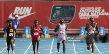 (L-R) Garrett Kaalund, 	Trelee Banks, Noah Lyles and Brandon Hicklin pull ahead of Lyles as he pulls back in the Men's 200m final after sustaining a hamstring cramp during the 2026 USATF Outdoor Track & Field Championships at Icahn Stadium on July 26, 2026 in New York City. Kaalund would go on to place first the race. (Photo by Al Bello/Getty Images)