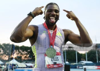 Noah Lyles reacts after winning the Men's 100m final during the 2026 USATF Outdoor Track & Field Championships (Photo by Al Bello/Getty Images)