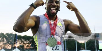 Noah Lyles reacts after winning the Men's 100m final during the 2026 USATF Outdoor Track & Field Championships (Photo by Al Bello/Getty Images)