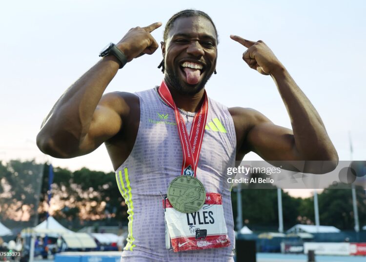 Noah Lyles reacts after winning the Men's 100m final during the 2026 USATF Outdoor Track & Field Championships (Photo by Al Bello/Getty Images)