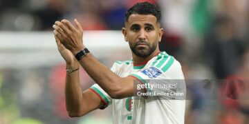 Riyad Mahrez #7 of Algeria applauds fans after the 0-2 loss during the FIFA World Cup 2026 Round of 32 match between Switzerland and Algeria (Photo by Emilee Chinn/Getty Images)
