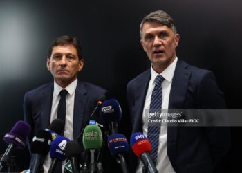 Paolo Maldini and Leonardo of Italy speak with the media during FIGC Management (Photo by Claudio Villa - FIGC/FIGC via Getty Images)