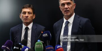 Paolo Maldini and Leonardo of Italy speak with the media during FIGC Management (Photo by Claudio Villa - FIGC/FIGC via Getty Images)