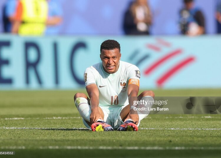 Kylian Mbappe #10 of France reacts during the FIFA World Cup 2026 Quarter Final match between France and Morocco (Photo by Lars Baron/Getty Images)
