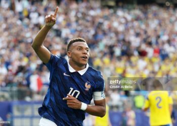 Kylian Mbappe #10 of France celebrates scoring his team's third goal during the FIFA World Cup 2026 Round Of 32 match between France and Sweden (Photo by Al Bello/Getty Images)