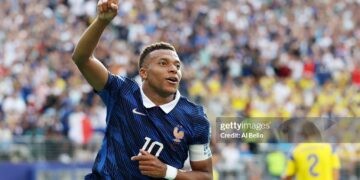 Kylian Mbappe #10 of France celebrates scoring his team's third goal during the FIFA World Cup 2026 Round Of 32 match between France and Sweden (Photo by Al Bello/Getty Images)