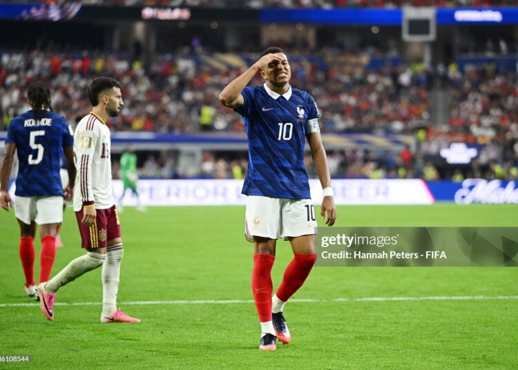 Kylian Mbappe #10 of France reacts during the FIFA World Cup 2026 Semi Final match between France and Spain (Photo by Hannah Peters - FIFA/FIFA via Getty Images)