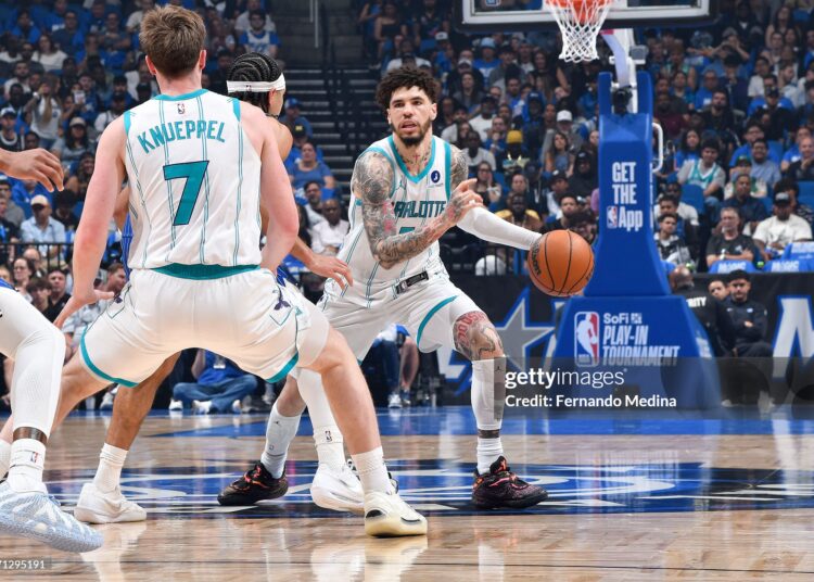 LaMelo Ball #1 of the Charlotte Hornets dribbles the ball during the game against the Orlando Magic during the SoFi NBA Play In (Photo by Fernando Medina/NBAE via Getty Images)