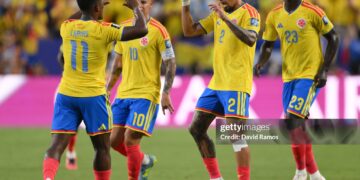 Jhon Arias #11 of Colombia celebrates with teammates after scoring the team's first goal during the FIFA World Cup 2026 Round of 32 match between Colombia and Ghana (Photo by David Ramos/Getty Images)