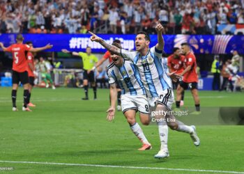 Lionel Messi #10 of Argentina celebrates scoring his team's second goal during the FIFA World Cup 2026 Round of 16 match between Argentina and Egypt (Photo by Elsa/Getty Images)