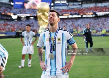 Lionel Messi #10 of Argentina sheds tears as he watches Spain players celebration at the ceremony following the FIFA World Cup 2026 Final match between Spain and Argentina (Photo by Maja Hitij - FIFA/FIFA via Getty Images)