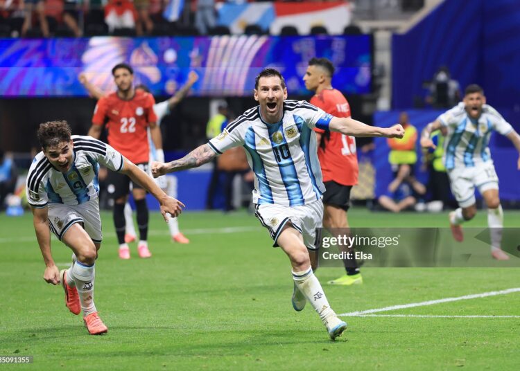 Lionel Messi #10 of Argentina celebrates scoring his team's second goal during the FIFA World Cup 2026 Round of 16 match between Argentina and Egypt (Photo by Elsa/Getty Images)
