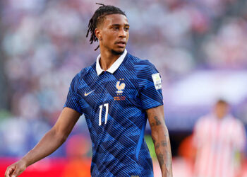 Michael Olise of France looks on during the FIFA World Cup 2026 Round Of 16 match between Paraguay and France at Philadelphia Stadium on July 4, 2026 in Philadelphia, Pennsylvania. (Photo by Richard Sellers/Sportsphoto/Allstar via Getty Images)