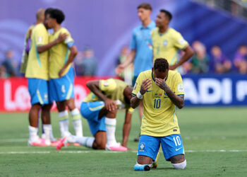 Neymar Jr #10 of Brazil reacts after the 1-2 loss during the FIFA World Cup 2026 Round of 16 match between Brazil and Norway at New York New Jersey Stadium on July 05, 2026 in East Rutherford, New Jersey. (Photo by Buda Mendes/Getty Images)