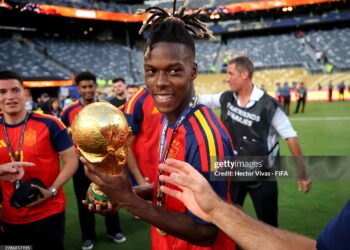 Nico Williams #17 of Spain celebrates with the FIFA World Cup Winner’s Trophy after the team’s victory following the FIFA World Cup 2026 Final match between Spain and Argentina (Photo by Hector Vivas - FIFA/FIFA via Getty Images)
