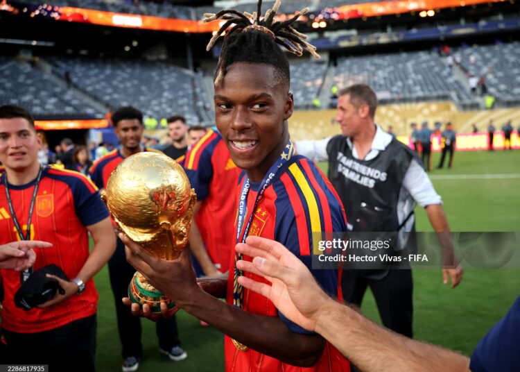 Nico Williams #17 of Spain celebrates with the FIFA World Cup Winner’s Trophy after the team’s victory following the FIFA World Cup 2026 Final match between Spain and Argentina (Photo by Hector Vivas - FIFA/FIFA via Getty Images)