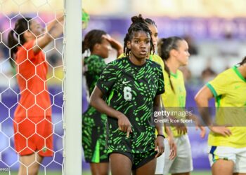 Okoronkwo Esther of Nigeria during the Women's Paris 2024 Olympic Games match between Nigeria and Brazil (Photo by Loic Cousin/Icon Sport via Getty Images)