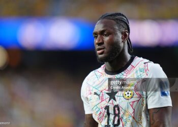 Jerome Opoku (18) of Ghana changes his jersey after being ripped during the 2026 FIFA World Cup Round of 32 match between Colombia and Ghana (Photo by Hakan Akgun/Anadolu via Getty Images)