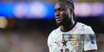 Jerome Opoku (18) of Ghana changes his jersey after being ripped during the 2026 FIFA World Cup Round of 32 match between Colombia and Ghana (Photo by Hakan Akgun/Anadolu via Getty Images)