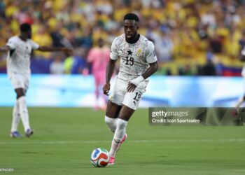 Inaki Williams #19 of Ghana with the ball in the first half of the FIFA World Cup 2026 Round of 32 match between Colombia and Ghana (Photo by Scott Winters/Icon Sportswire via Getty Images)