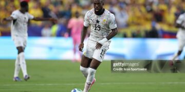 Inaki Williams #19 of Ghana with the ball in the first half of the FIFA World Cup 2026 Round of 32 match between Colombia and Ghana (Photo by Scott Winters/Icon Sportswire via Getty Images)
