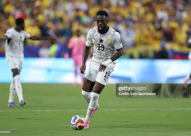 Inaki Williams #19 of Ghana with the ball in the first half of the FIFA World Cup 2026 Round of 32 match between Colombia and Ghana (Photo by Scott Winters/Icon Sportswire via Getty Images)