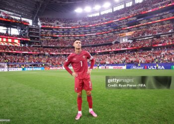 Cristiano Ronaldo #7 of Portugal shows dejection after the team's 0-1 defeat in the FIFA World Cup 2026 Round of 16 match between Portugal and Spain (Photo by Ryan Pierse - FIFA/FIFA via Getty Images)