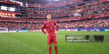 Cristiano Ronaldo #7 of Portugal shows dejection after the team's 0-1 defeat in the FIFA World Cup 2026 Round of 16 match between Portugal and Spain (Photo by Ryan Pierse - FIFA/FIFA via Getty Images)