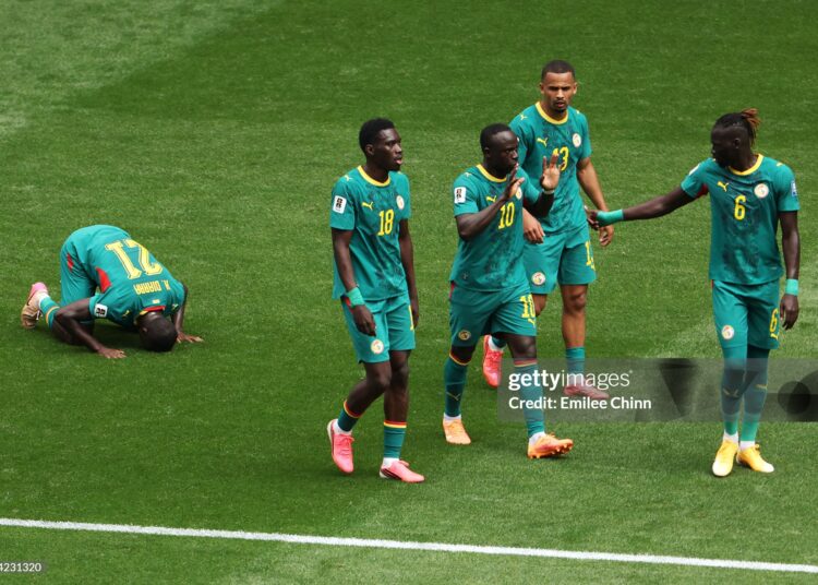 Habib Diarra #21 of Senegal celebrates scoring his team's first goal during the FIFA World Cup 2026 Round Of 32 match between Belgium and Senegal (Photo by Emilee Chinn/Getty Images)