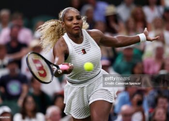Serena Williams of United States plays a forehand against Maya Joint of Australia during their Ladies' Singles first round match on day two of The Championships Wimbledon 2026  (Photo by Cameron Spencer/Getty Images)