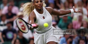Serena Williams of United States plays a forehand against Maya Joint of Australia during their Ladies' Singles first round match on day two of The Championships Wimbledon 2026  (Photo by Cameron Spencer/Getty Images)
