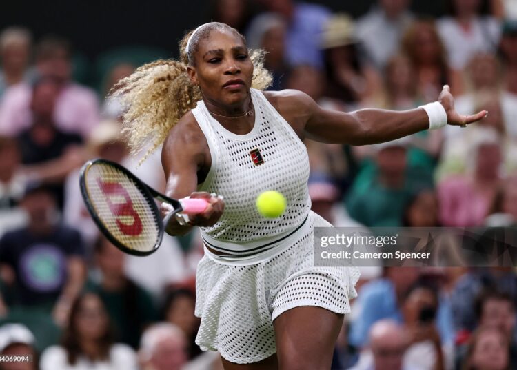 Serena Williams of United States plays a forehand against Maya Joint of Australia during their Ladies' Singles first round match on day two of The Championships Wimbledon 2026 (Photo by Cameron Spencer/Getty Images)