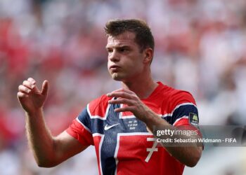 MIAMI GARDENS, FLORIDA - JULY 11: Alexander Sorloth #7 of Norway reacts during the FIFA World Cup 2026 Quarter Final match between Norway and England at Miami Stadium on July 11, 2026 in Miami Gardens, Florida. (Photo by Sebastian Widmann - FIFA/FIFA via Getty Images)