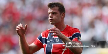 MIAMI GARDENS, FLORIDA - JULY 11: Alexander Sorloth #7 of Norway reacts during the FIFA World Cup 2026 Quarter Final match between Norway and England at Miami Stadium on July 11, 2026 in Miami Gardens, Florida. (Photo by Sebastian Widmann - FIFA/FIFA via Getty Images)