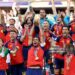 Rodri #16 of Spain lifts the FIFA World Cup Winner’s Trophy after the team’s victory following during the FIFA World Cup 2026 Final match between Spain and Argentina (Photo by Carl Recine/Getty Images)