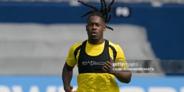 Ghana's midfielder #10 Brandon Thomas-Asante takes part in an MD-1 training session at the Sporting KC Stadium in Kansas City on July 2, 2026, on the eve of the 2026 World Cup round of 32 football match (Photo by JUAN MABROMATA / AFP via Getty Images)