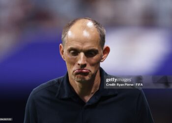 Thomas Tuchel, Manager of England, reacts during the FIFA World Cup 2026 Semi Final match between England and Argentina (Photo by Ryan Pierse - FIFA/FIFA via Getty Images)