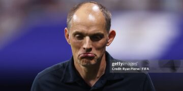 Thomas Tuchel, Manager of England, reacts during the FIFA World Cup 2026 Semi Final match between England and Argentina (Photo by Ryan Pierse - FIFA/FIFA via Getty Images)