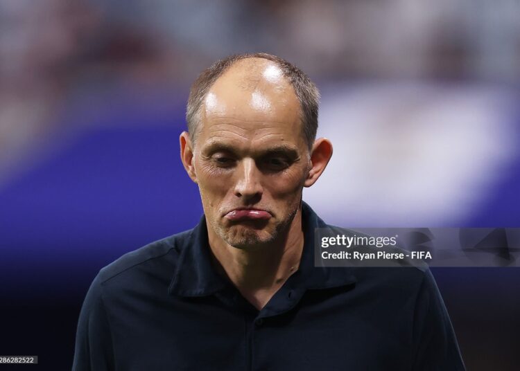 Thomas Tuchel, Manager of England, reacts during the FIFA World Cup 2026 Semi Final match between England and Argentina (Photo by Ryan Pierse - FIFA/FIFA via Getty Images)