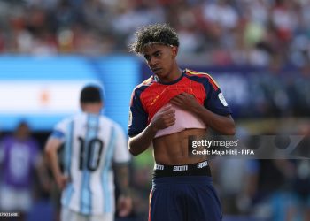 Lamine Yamal #19 of Spain reacts during the FIFA World Cup 2026 Final match between Spain and Argentina (Photo by Maja Hitij - FIFA/FIFA via Getty Images)