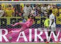 Ghana's goalkeeper #01 Lawrence Ati makes a save during the 2026 World Cup round of 32 football match between Colombia and Ghana (Photo by Odd ANDERSEN / AFP via Getty Images)